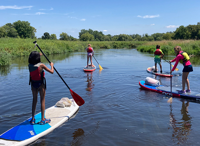 photo of children standing on paddleboards on creek